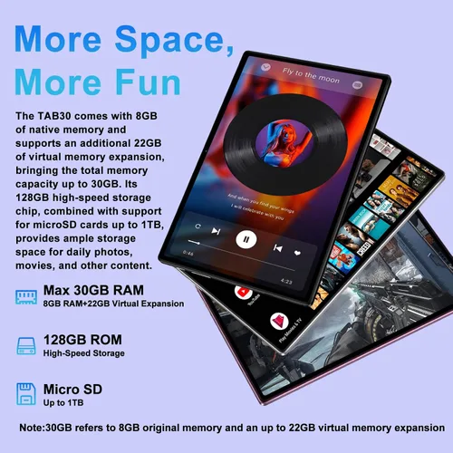 Miniatura 3 de Tablet Android 15, 30 GB de RAM + 128 GB de ROM 1 TB TF, tableta 2025 con teclado y mouse, pantalla táctil de 10.1 pulgadas, batería de 8000 mAh