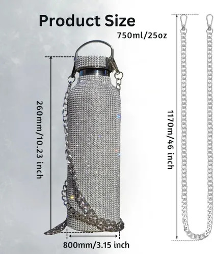 Miniatura 3 de Botella de agua plateada con 5000 diamantes de imitación de purpurina y cadena cruzada, vaso de acero inoxidable de 25 onzas con aislamiento al Plata