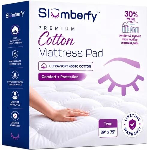 Slumberfy - Protector de colchón impermeable de alta calidad tamaño individual – Protector de colchón acolchado de algodón de 400 hilos, tela