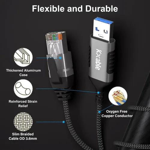 Miniatura 4 de Kxable Cable USB a Ethernet delgado de 4 pies, cable delgado USB 3.0 A a RJ45, conectado directamente, aluminio, trenzado, OFC, cable de red LAN USB