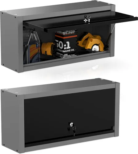 Miniatura 11 de JZD Armario de pared de metal con estante extraíble, armario colgante con cerradura con puerta que se abre hacia arriba, para cocina, almacén