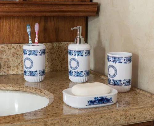 Miniatura 2 de Basicwise Juego de accesorios de baño de 4 piezas, incluye dispensador de jabón, soporte para cepillo de dientes, vaso y jabonera (blanco)