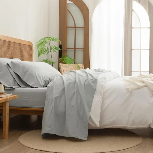 Miniatura 12 de BESTOUCH Juego de sábanas 100% algodón lavado, tacto súper suave, cómodo, elegante, ligero, juego de ropa de cama de 4 piezas, lino sólido, gris