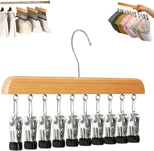 Miniatura 10 de Organizador de armario con 10 clips, organizador colgante de armario ajustable de madera para armario, colgador de pantalones de acero inoxidable