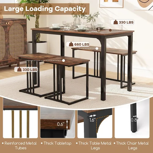 Miniatura 3 de GOFLAME Juego de mesa de comedor de 4 piezas para 4, mesa de comedor rectangular de madera con banco y 2 taburetes, juego de mesa de cocina