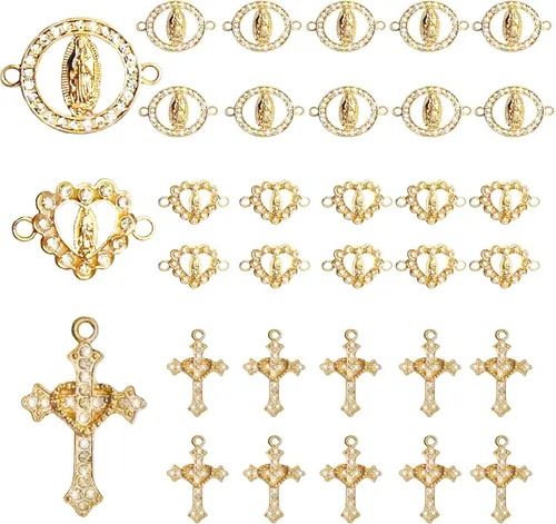 30 dijes de aleación de diamantes de imitación de Virgen María, dije de medalla religiosa con cruz de Jesús, dijes de rosario de Nuestra Señora con