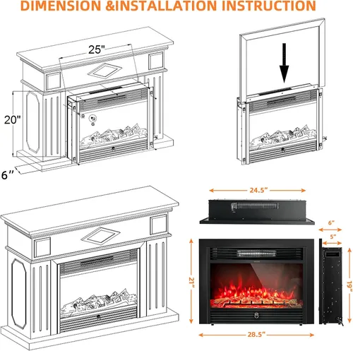 Miniatura 7 de SIMOE Chimenea eléctrica de 28.5 pulgadas, chimenea empotrada de pared de 750 W/1500 W con llama LED y control remoto, 3 colores y 5 brillo
