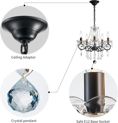 Miniatura 5 de ANJIADENGSHI Candelabro pequeño de cristal, moderno candelabro negro para comedor, mini lámpara colgante de cristal para dormitorio, lámpara