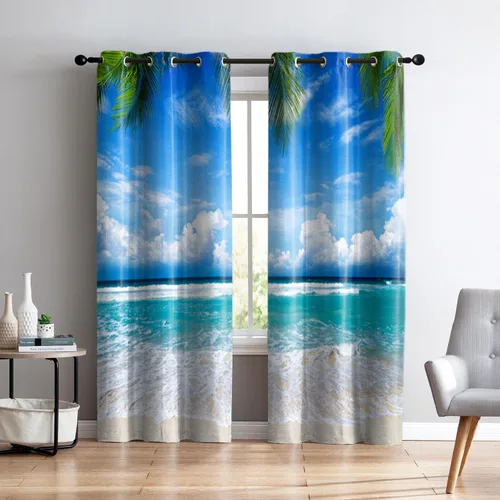 Miniatura 25 de Renaiss Cortinas opacas con diseño de mar tropical, nublado, cielo azul y verde azulado, estrella de mar transparente en playa arenosa, sala