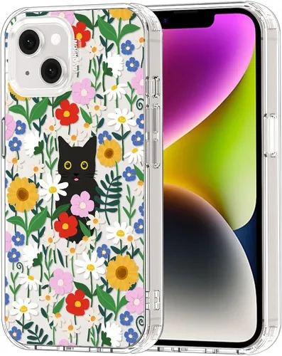 MOSNOVO Funda para iPhone 13/14, grado militar, probada en caídas de 6.6 pies, transparente con gato negro en diseño de jardín Transparente - Gato