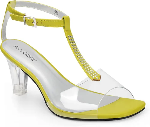 ANN CREEK Sandalias de tacón transparente con correa en T y diamantes de imitación para mujer