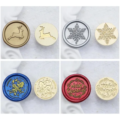 Miniatura 2 de SWANGSA - Juego de sellos de cera, estilo vintage, 4 cabezas con patrones navideños y 1 mango de madera para regalos de Navidad y Año Nuevo