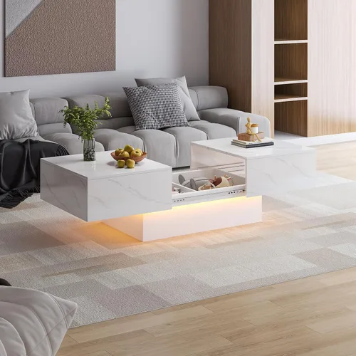 Miniatura 9 de Mesa de café negra moderna con almacenamiento oculto para sala de estar, mesa central rectangular de sala de estar con tapa deslizante y luces LED