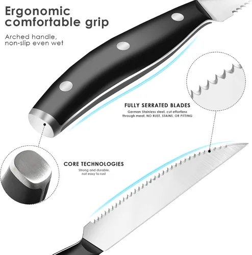 Miniatura 5 de Cuchillo para carne, juego de 8 cuchillos para carne, juego de 8 cuchillos de carne dentados de acero inoxidable de alto carbono, cuchillos afilados