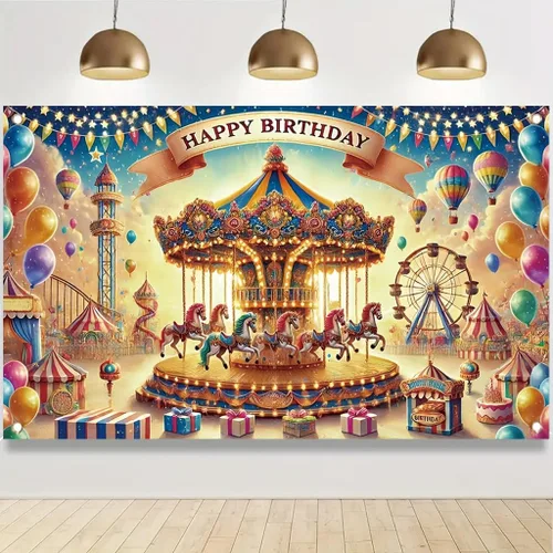 Miniatura 10 de Cartel con temática de carnaval de 71 x 43 pulgadas, tienda de campaña de circo, globos de payaso, decoración de fiesta para niños, feria
