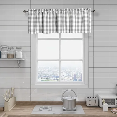 Miniatura 12 de Amzdecor Cortina de lino con cenefa a cuadros blancos y negros, con bolsillo para barra, rústica, para cocina, sala de estar, dormitorio, 1 panel