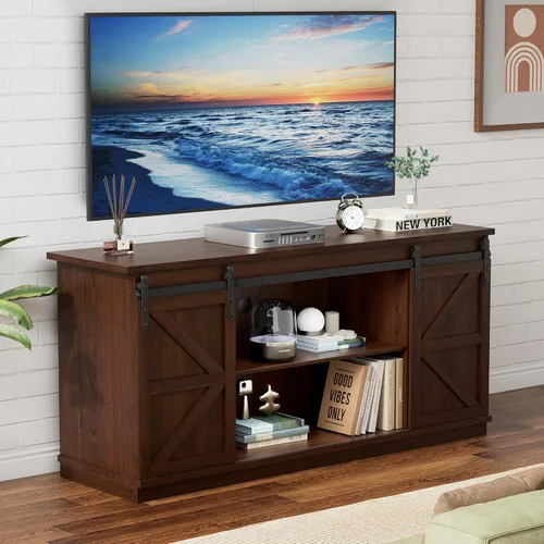 Miniatura 14 de YESHOMY - Soporte de TV para televisores de hasta 65 pulgadas, con puertas corredizas estilo granja y gabinetes de almacenamiento, mesa consola