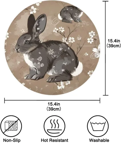 Miniatura 4 de Manteles individuales de conejo blanco y negro, almohadillas resistentes al calor para mesa de comedor, manteles individuales circulares lavables