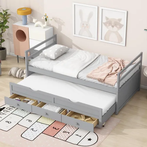 Miniatura 10 de Cama de plataforma de tamaño individual con nido y 3 cajones, escritorio pequeño, cama individual con gabinete extraíble y estantes