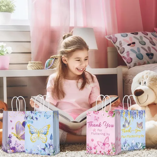 Miniatura 4 de Outus 24 piezas de bolsas de regalo de fiesta de mariposa, bolsas de golosinas de mariposa, bolsas de papel para regalos con mango, morado, azul