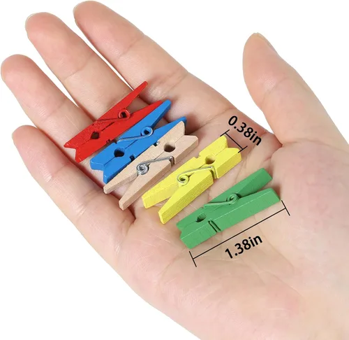 Miniatura 4 de HSTECH 100 piezas de mini pinzas de madera natural verde y 25 m de cuerda de yute, pinzas para ropa de bebé, pinzas de 3.5 cm para manualidades