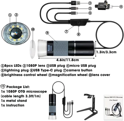 Miniatura 6 de Cámara de microscopio digital Full HD 1080P USB para iPhone iPad Android PC, 50-1000X microscopio portátil de alta definición con luz para plantas
