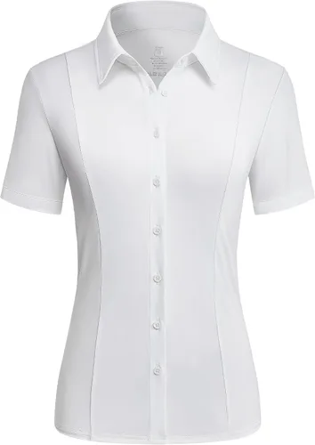 Camisas con botones para mujer, elásticas, de manga corta, con cuello, sin arrugas, básica, de negocios, blusa de trabajo