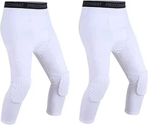 Miniatura 12 de Paquete de 2 pantalones de baloncesto para hombre con rodilleras 3/4 capri acolchadas, mallas de compresión deportivas, capa base atlética