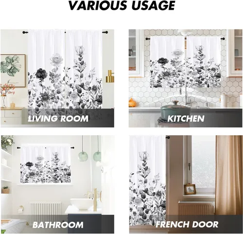 Miniatura 3 de Cortinas florales negras y grises de 42 pulgadas de ancho x 63 pulgadas de largo, flores silvestres en acuarela gris y blanco, flores silvestres