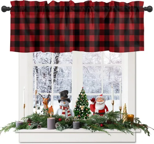 Miniatura 23 de Cenefa de cortina con lazo rojo de Navidad para ventanas, sala de estar, cocina, baño, granja, bolas de Navidad de acuarela con diseño de bayas
