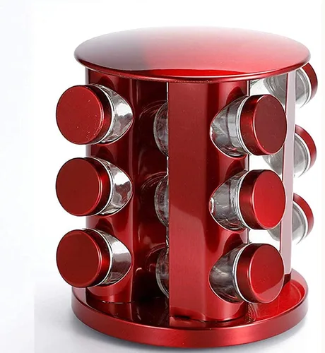 Miniatura 12 de Estante de especias giratorio con 16/20 tarros de vidrio, organizador de condimentos de encimera de acero inoxidable, elegante solución de Rojo
