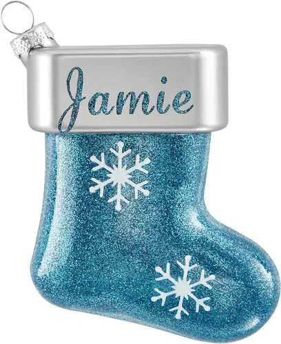 Miniatura 9 de Let's Make Memories Adorno de Navidad personalizado, cristal con forma de calcetín con purpurina, nombre grabado con láser, tono de joya, adorno