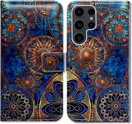Bcov Funda para Galaxy S23 Ultra, magníficos colores circulares Mandala Funda de cuero con tapa para teléfono con ranura para tarjeta Soporte