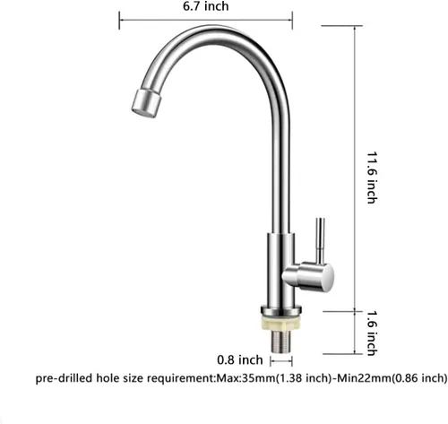 Miniatura 5 de Solo grifo de agua fría, níquel cepillado, acero inoxidable de un solo mango, grifos de un solo agujero, grifo de fregadero de agua fría de arco