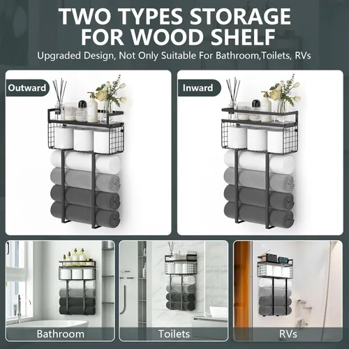 Miniatura 4 de Xstydes Toalleros para baño, toallero de metal con cesta de almacenamiento, toallero de pared para toallas enrolladas, almacenamiento de toallas