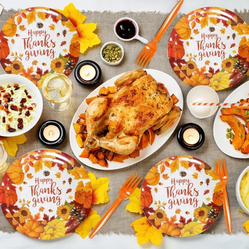 Miniatura 5 de Decoraciones de fiesta de otoño: juego de platos y servilletas de papel de Acción de Gracias para 24, sirve vajilla de Acción de Gracias