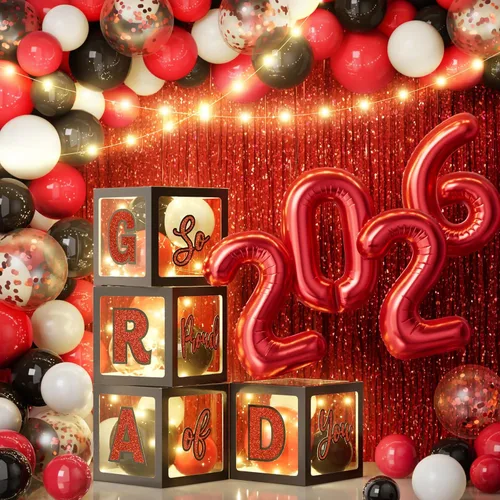 Miniatura 9 de Decoraciones de graduación 2026: 86 piezas de suministros de decoración para fiesta de graduación, incluye cuerdas de luz LED, cajas de bloque