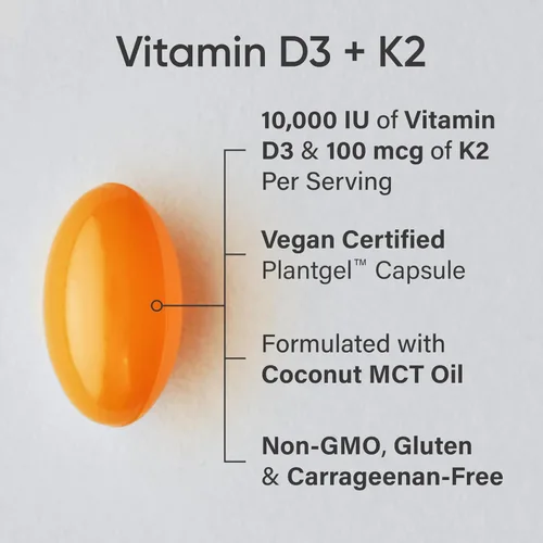 Miniatura 2 de Sports Research® Vitamina D3 + K2 con aceite de coco, vitamina D vegana de 10,000iu y vitamina K Mk7 de 100 mcg para apoyo óseo e inmunológico