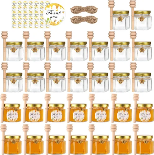 Miniatura 11 de Mini tarros de miel de 1.5 onzas – Paquete de 60 tarros hexagonales de vidrio con varitas de miel de madera, tapas doradas, colgantes de abeja