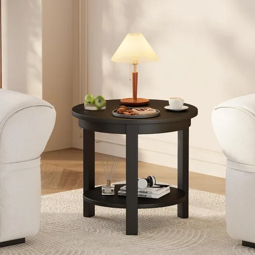Miniatura 4 de Mesa auxiliar redonda de madera maciza con estante de almacenamiento, 22 pulgadas de ancho x 20 pulgadas de alto, mesa auxiliar de madera moderna