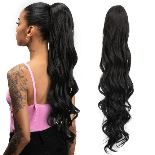 Miniatura 16 de Extensión de cabello corto negro con cordón para mujeres negras, cola de caballo recta de 14 pulgadas con rizos finales, postizos sintéticos