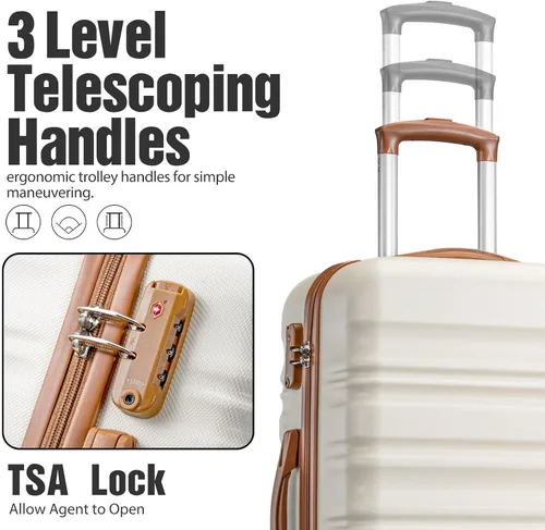 Miniatura 3 de LONG VACATION Juego de equipaje de 4 piezas de ABS hardshell TSA Lock Spinner Ruedas equipaje de mano en maleta, Blanco (White-Brown), Abs Hardshell