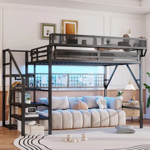 Miniatura 29 de Base de cama Queen Loft con escaleras y almacenamiento, marco de cama de metal resistente, capacidad de 800 libras, para adultos y adolescentes