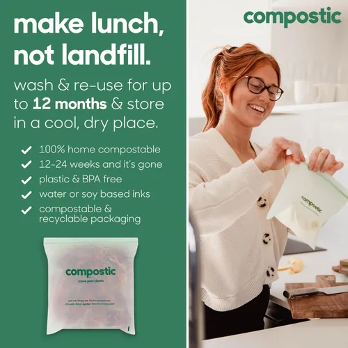 Miniatura 5 de Compostic Bolsas compostables para aperitivos, tamaño de aperitivo (60 unidades), paquete de iniciación – Sellado resellable, a base de plantas