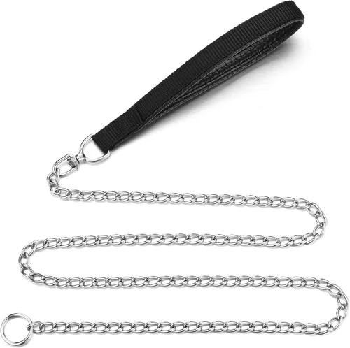 Miniatura 2 de Correa y collar de metal para perro, cadena a prueba de mordidas de 4 pies con cadena en P, correa resistente para mascotas con mango acolchado