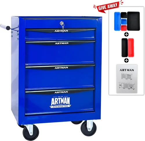 Miniatura 6 de Runboll Caja de herramientas con 4 cajones con taquilla, 20.9 pulgadas de profundidad de metal movible con cerradura, caja de almacenamiento
