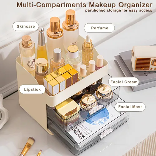 Miniatura 2 de DASITON Organizador de maquillaje con 2 cajones, organizador de cosméticos de maquillaje de gran capacidad para tocador, tocador de baño