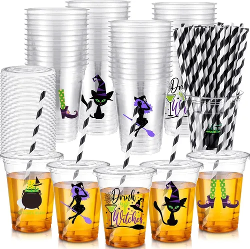 Bokon Juego de 100 tazas de Halloween de 12 onzas con temática de bruja, vasos desechables con tapas y pajitas de papel, suministros de fiesta de