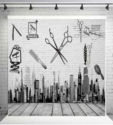Miniatura 9 de Herramientas de barbería telón de fondo, peine de corte de pelo, edificios de gran altura, pintura de pared, madera de piso, pancarta de mesa