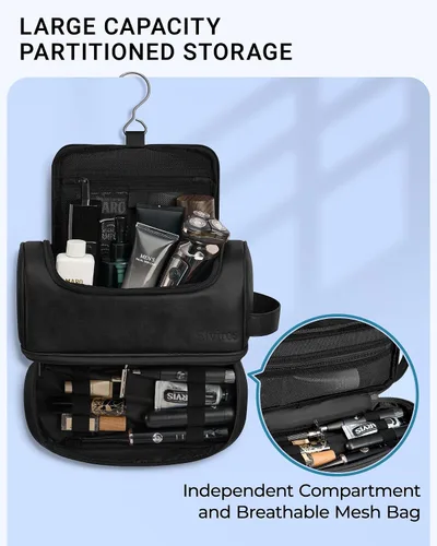 Miniatura 3 de Elviros - Neceser de aseo personal para hombre, organizador de viaje de cuero PU, con gancho para colgar, bolsas de afeitado para el baño de gran